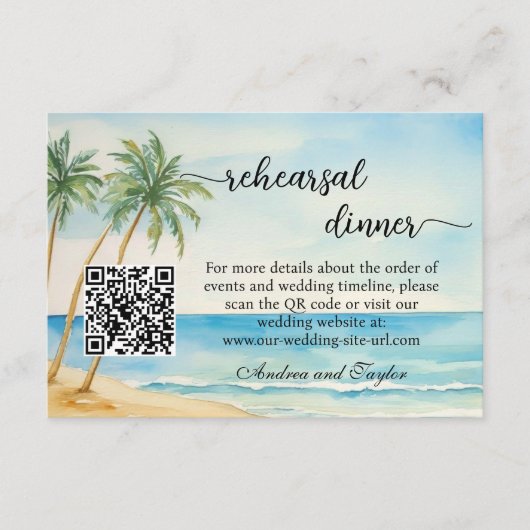 Beach and Palm Trees QR Code Rehearsal Dinner エンクロージャーカード (正面)