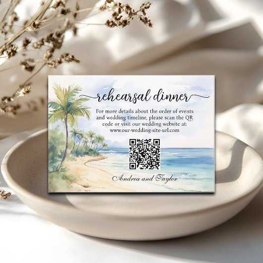 Beach and Palm Trees QR Code Rehearsal Dinner エンクロージャーカード