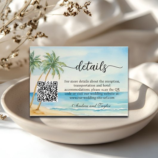 Beach and Palm Trees QR Code Wedding Details エンクロージャーカード