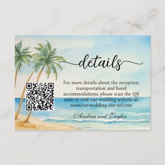 Beach and Palm Trees QR Code Wedding Details エンクロージャーカード (正面)