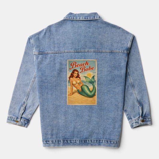Beach Babe Pin-Up Mermaid Retro Coastal Life Jean デニムジャケット (裏面)