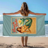 Beach Babe Pin-Up Mermaid -Retro Coastal Life Teal ビーチタオル