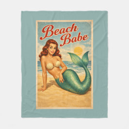 Beach Babe Pin-Up Mermaid -Retro Coastal Life Teal フリースブランケット