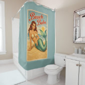 Beach Babe Pin-Up Mermaid -Retro Coastal Teal Blue シャワーカーテン (インサイチュ)