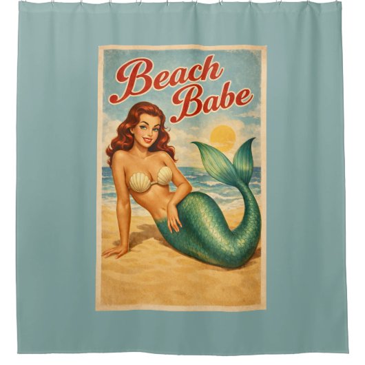 Beach Babe Pin-Up Mermaid -Retro Coastal Teal Blue シャワーカーテン (正面)