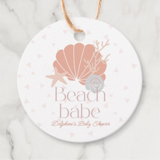 Beach Babe Seashell Pink Girl Baby Shower フェイバータグ (正面)