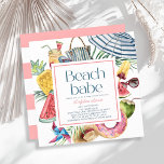 Beach Babe Tropical Umbrella Donut Baby Shower 招待状<br><div class="desc">This cute "beach babe" baby shower invitation features a white background with a beach umbrella, flip flops, tropical mason-jar drink/cocktail, popsicle, watermelon, donut, pineapple, straw hat, fresh coconut drink, pinwheel and sunglasses. The reverse side features a white background with pink stripes. Personalize it for your needs. You can find more...</div>