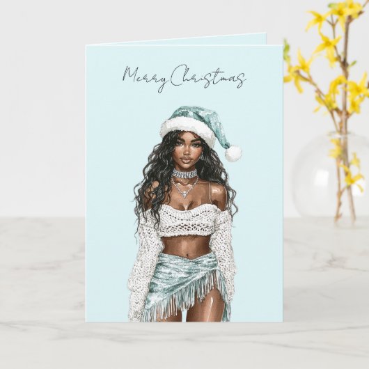 Beach Black Hair Lady Christmas   カード (黄色い花)