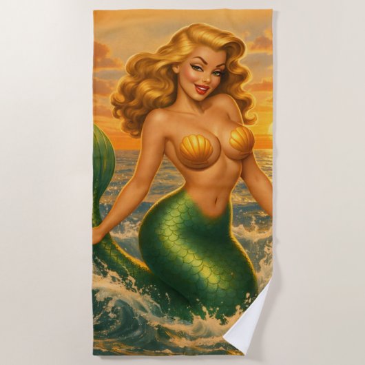 Beach Blonde Pin-Up Mermaid | Coastal Mermaidcore  ビーチタオル (正面)
