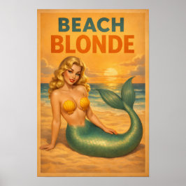 Beach Blonde Pin-Up Mermaid Retro Coastal Life Art ポスター