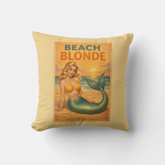 Beach Blonde Pin-Up Mermaid - Yellow Retro Coastal クッション (正面)