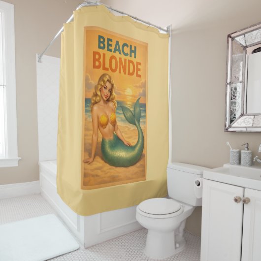 Beach Blonde Pin-Up Mermaid - Yellow Retro Coastal シャワーカーテン (インサイチュ)