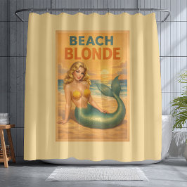Beach Blonde Pin-Up Mermaid | Yellow Retro Coastal シャワーカーテン