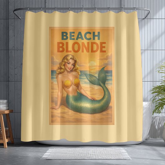 Beach Blonde Pin-Up Mermaid | Yellow Retro Coastal シャワーカーテン