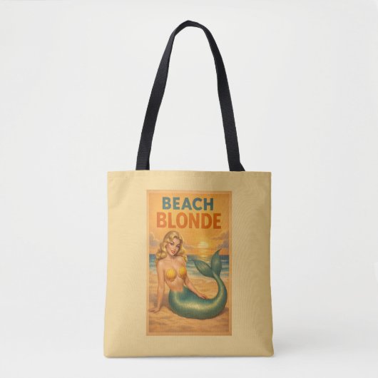 Beach Blonde Pin-Up Mermaid - Yellow Retro Coastal トートバッグ (正面)