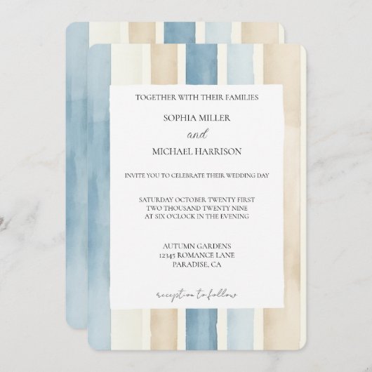 Beach Blue Ivory Cream Sand Stripes Wedding 招待状 (正面/裏面)
