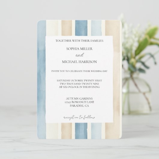 Beach Blue Ivory Cream Sand Stripes Wedding 招待状 (スタンド正面)