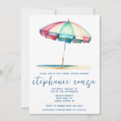 Beach, Blue, Red, Teal Umbrella, Bridal Shower 招待状 (正面)