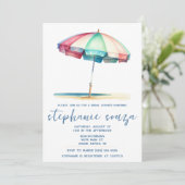 Beach, Blue, Red, Teal Umbrella, Bridal Shower 招待状 (スタンド正面)