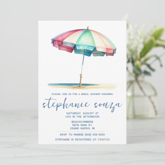 Beach, Blue, Red, Teal Umbrella, Bridal Shower 招待状 (スタンド正面)