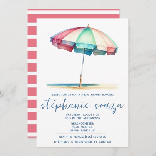 Beach, Blue, Red, Teal Umbrella, Bridal Shower 招待状 (正面/裏面)