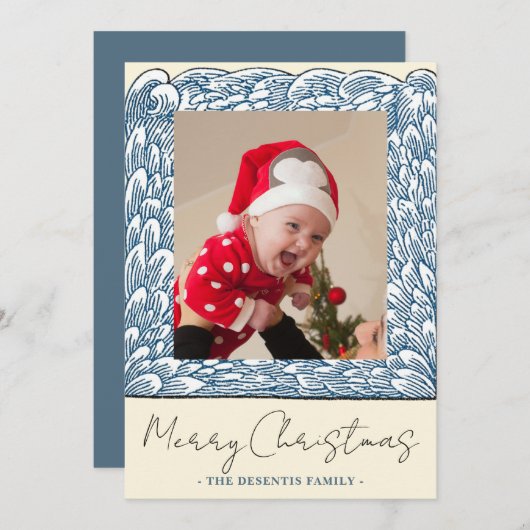 Beach Blue Wave Frame One Photo Christmas シーズンカード (正面/裏面)