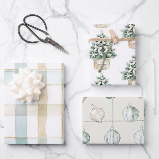 Beach Blue White Christmas Tree Ornaments ラッピングペーパーシート (正面)
