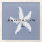Beach Blue White Starfish Quote ガラスコースター (正面)