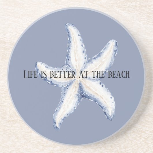 Beach Blue White Starfish Quote コースター (正面)