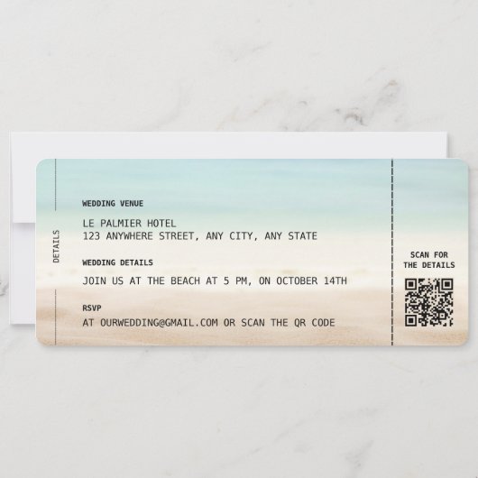 Beach Boarding Pass Wedding Invitation with QR Cod 招待状 (裏面)
