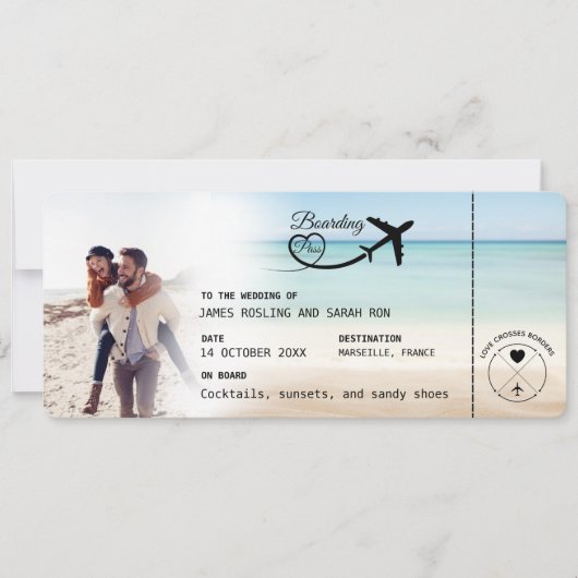 Beach Boarding Pass Wedding Invitation with QR Cod 招待状 (正面)