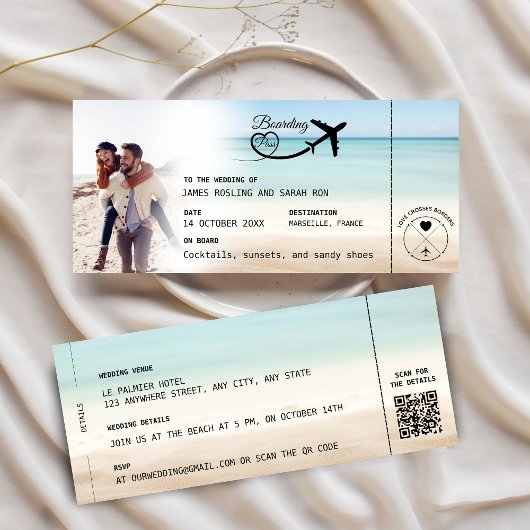 Beach Boarding Pass Wedding Invitation with QR Cod 招待状