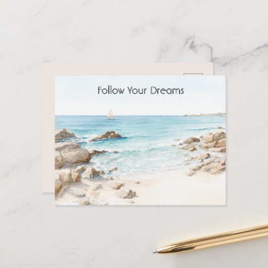 Beach Boat Ocean View  ポストカード (正面/裏面インサイチュ)