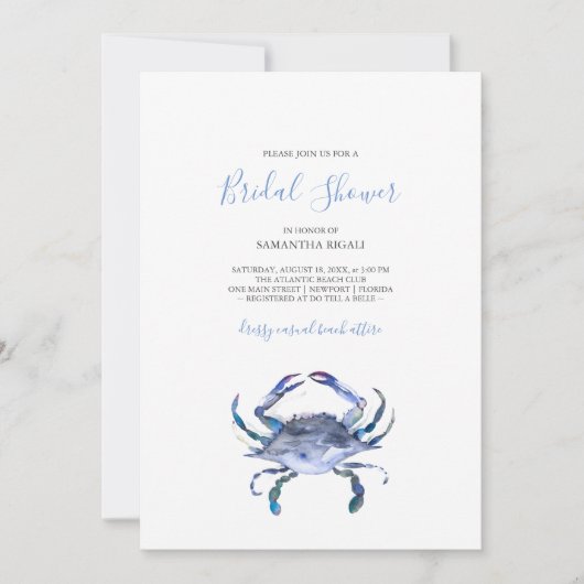 Beach Bridal Shower Invitations Watercolor Crab 招待状 (正面)
