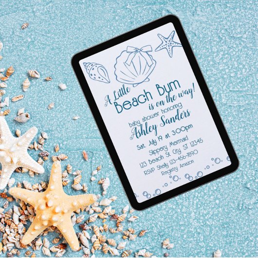 Beach Bum on the Way, Blue Seashells Baby Shower 招待状