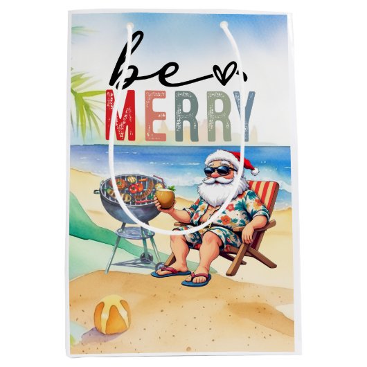 Beach Christmas with Surfer Santa Barbecue  ミディアムペーパーバッグ (正面)