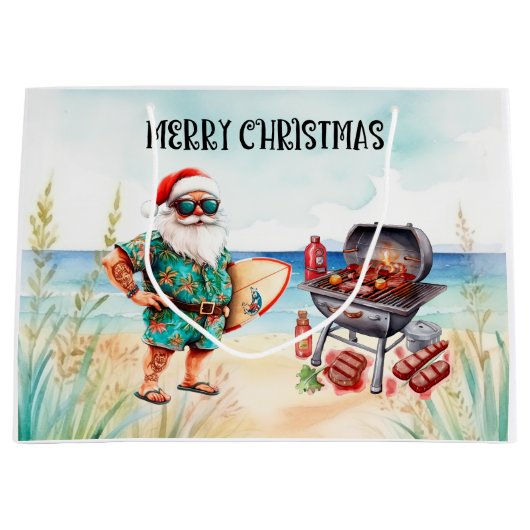 Beach Christmas with Surfer Santa Barbecue ラージペーパーバッグ (正面)