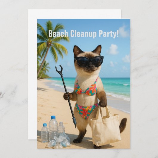 Beach Cleanup Party with cat lovers Invitation  招待状 (正面/裏面)