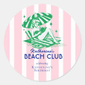 Beach Club Pink Cabana Stripe Birthday Party ラウンドシール (正面)