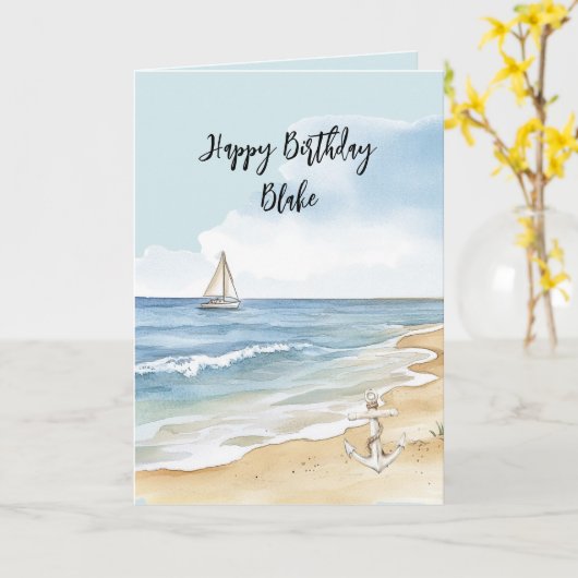 Beach Coast Ocean Boat Anchor Birthday カード (黄色い花)