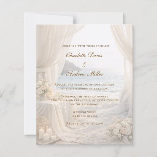Beach coastal elegant romantic wedding invitation (正面)