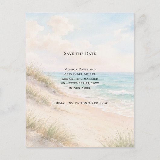 Beach coastal modern budget wedding Save the Date チラシ (裏面)