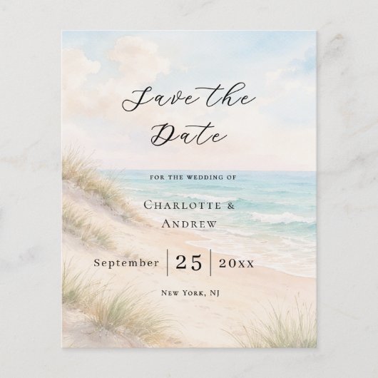Beach coastal modern budget wedding Save the Date チラシ (正面)
