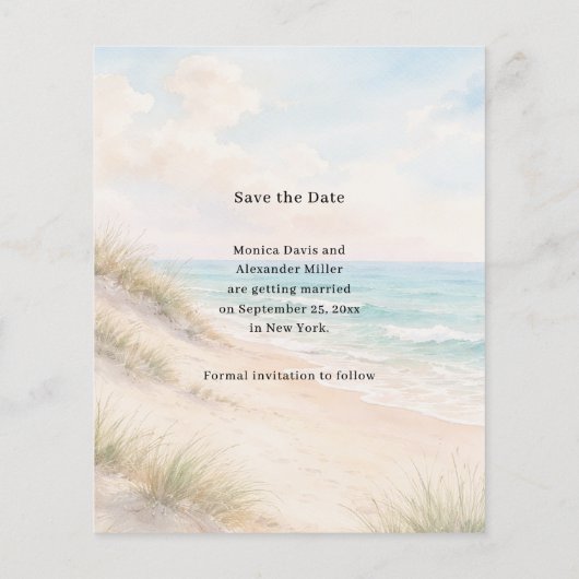 Beach coastal modern wedding budget Save the Date チラシ (裏面)