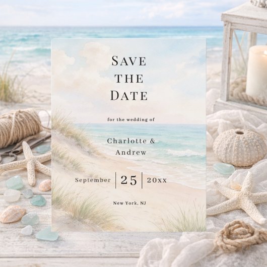 Beach coastal modern wedding budget Save the Date チラシ