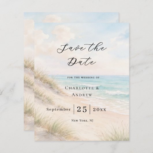 Beach coastal modern wedding Save the Date card (正面/裏面)