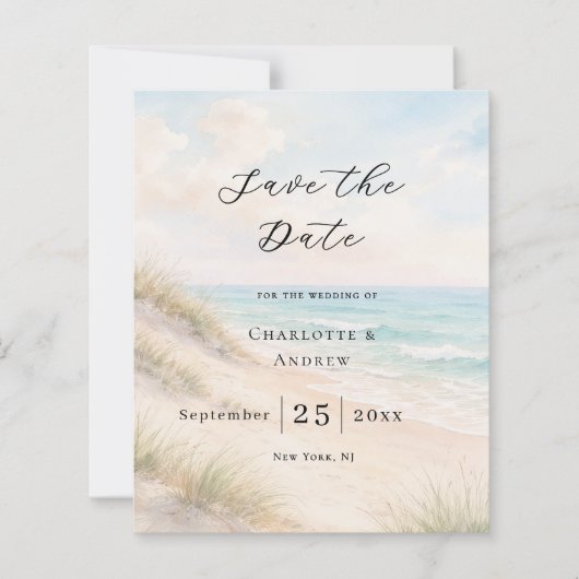 Beach coastal modern wedding Save the Date card (正面)