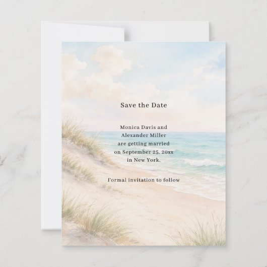 Beach coastal modern wedding Save the Date card (裏面)