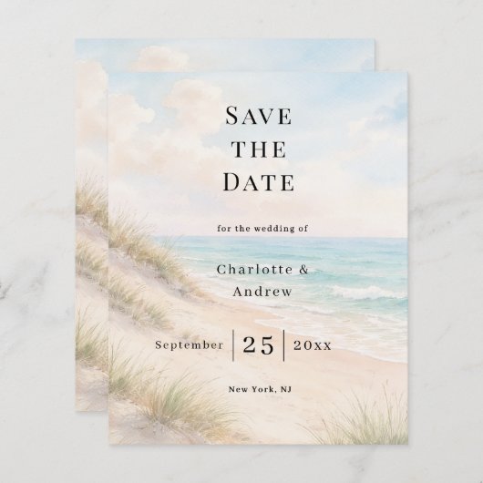 Beach coastal modern wedding Save the Date card (正面/裏面)