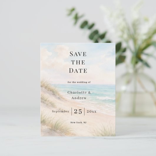 Beach coastal modern wedding Save the Date card (スタンド正面)